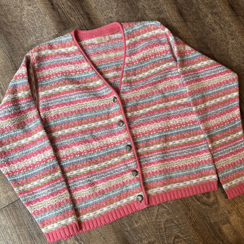 VTG Alps Pink‎ Stripes Cardigan Sweater Button Up Women Fair Isle